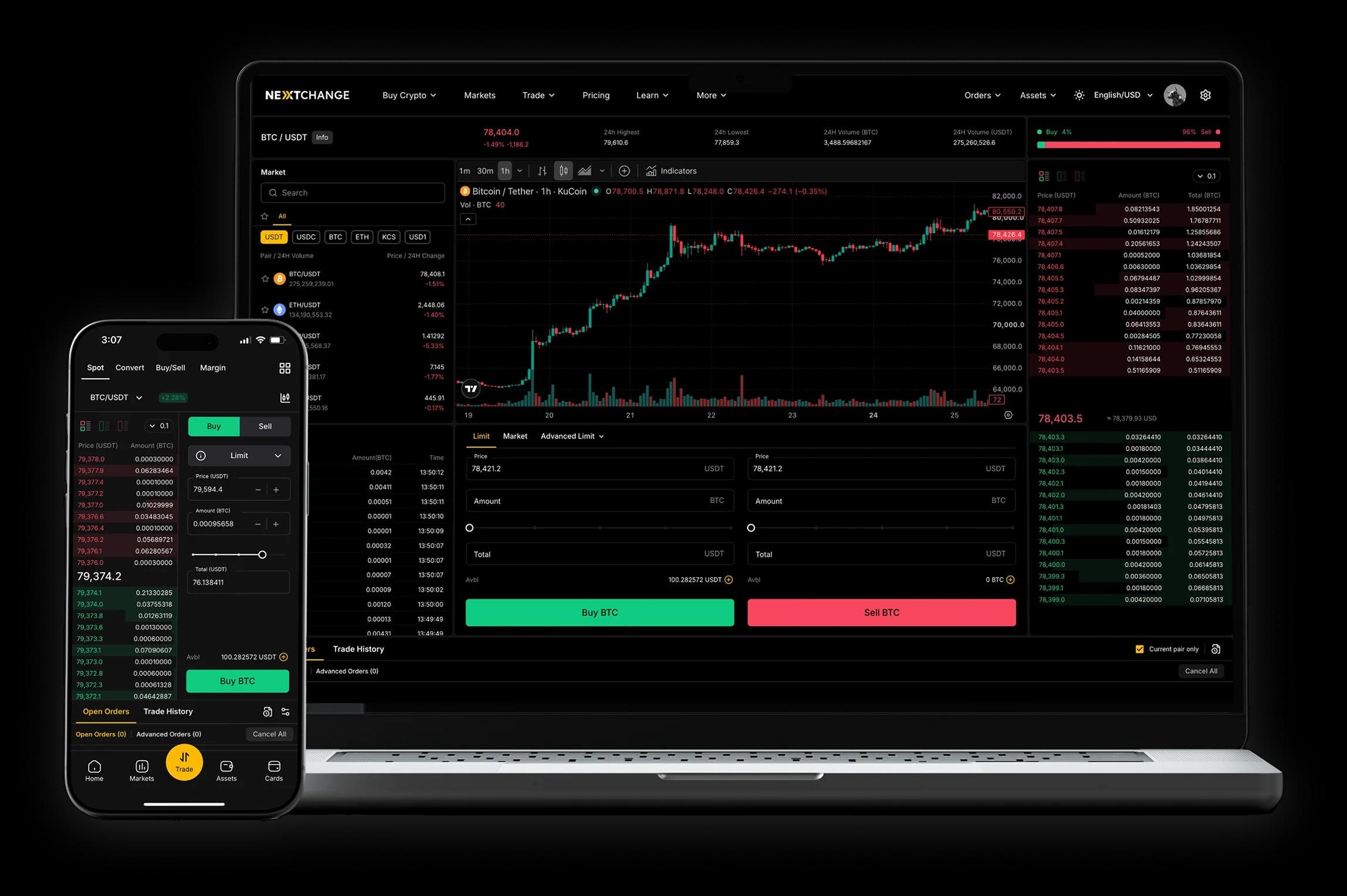 Crypto exchange platform — desktop and mobile trading interface