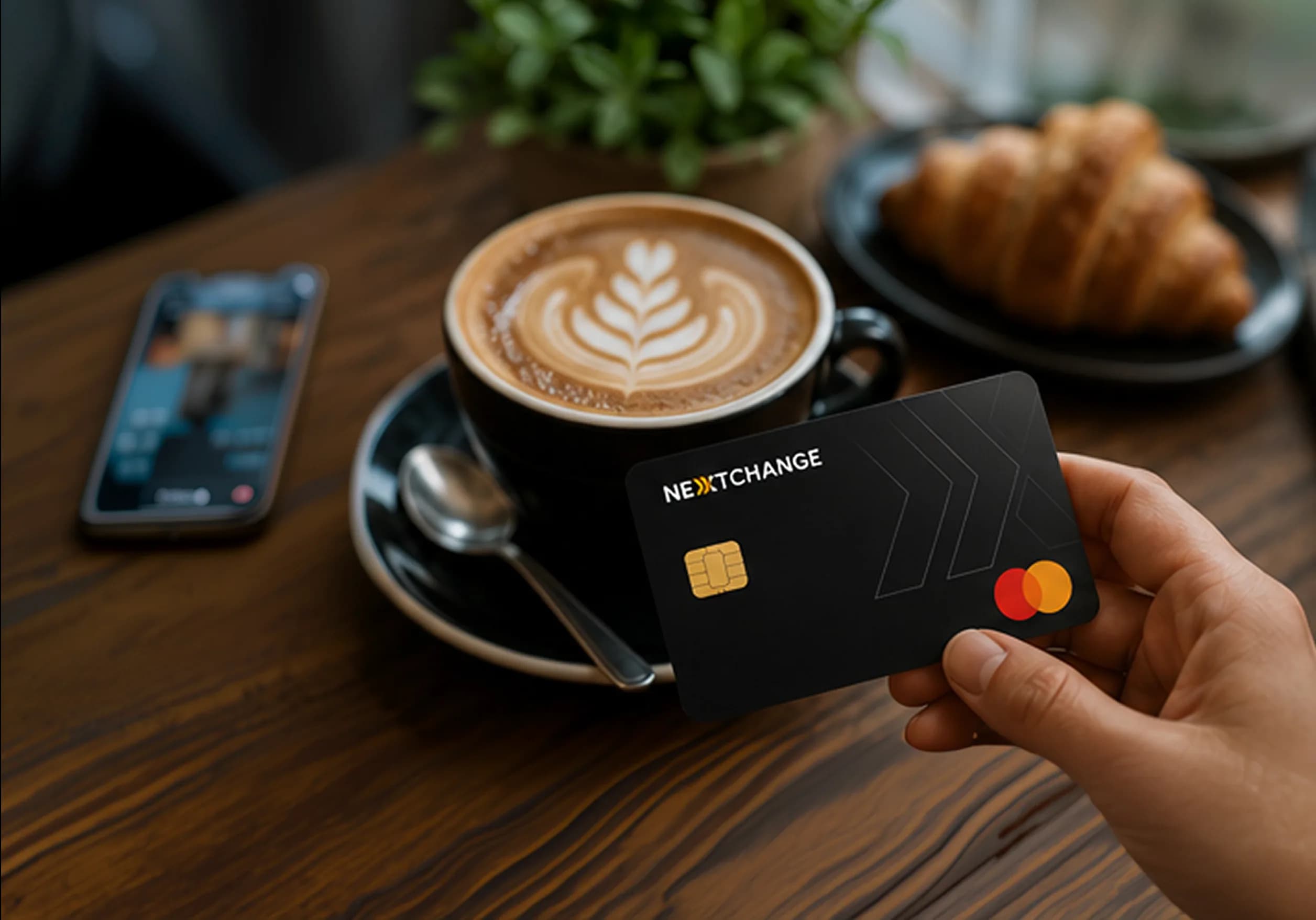 Hand holding a NextChange card next to a cup of coffee