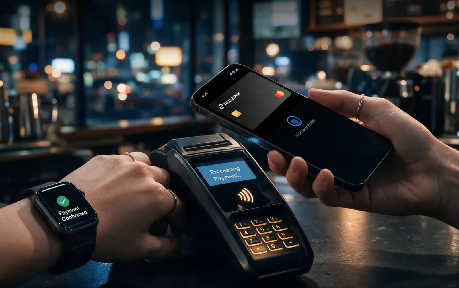 Paying at a terminal with an iPhone and Apple Watch using a crypto card in Apple Pay