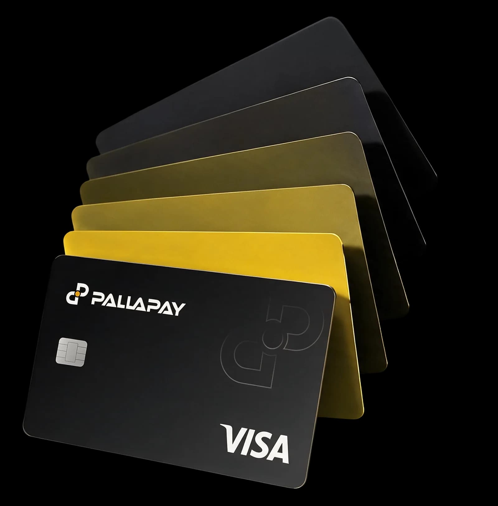 Yelpaze şeklinde dizilmiş siyah ve altın renkli Pallapay Visa kripto kartlar