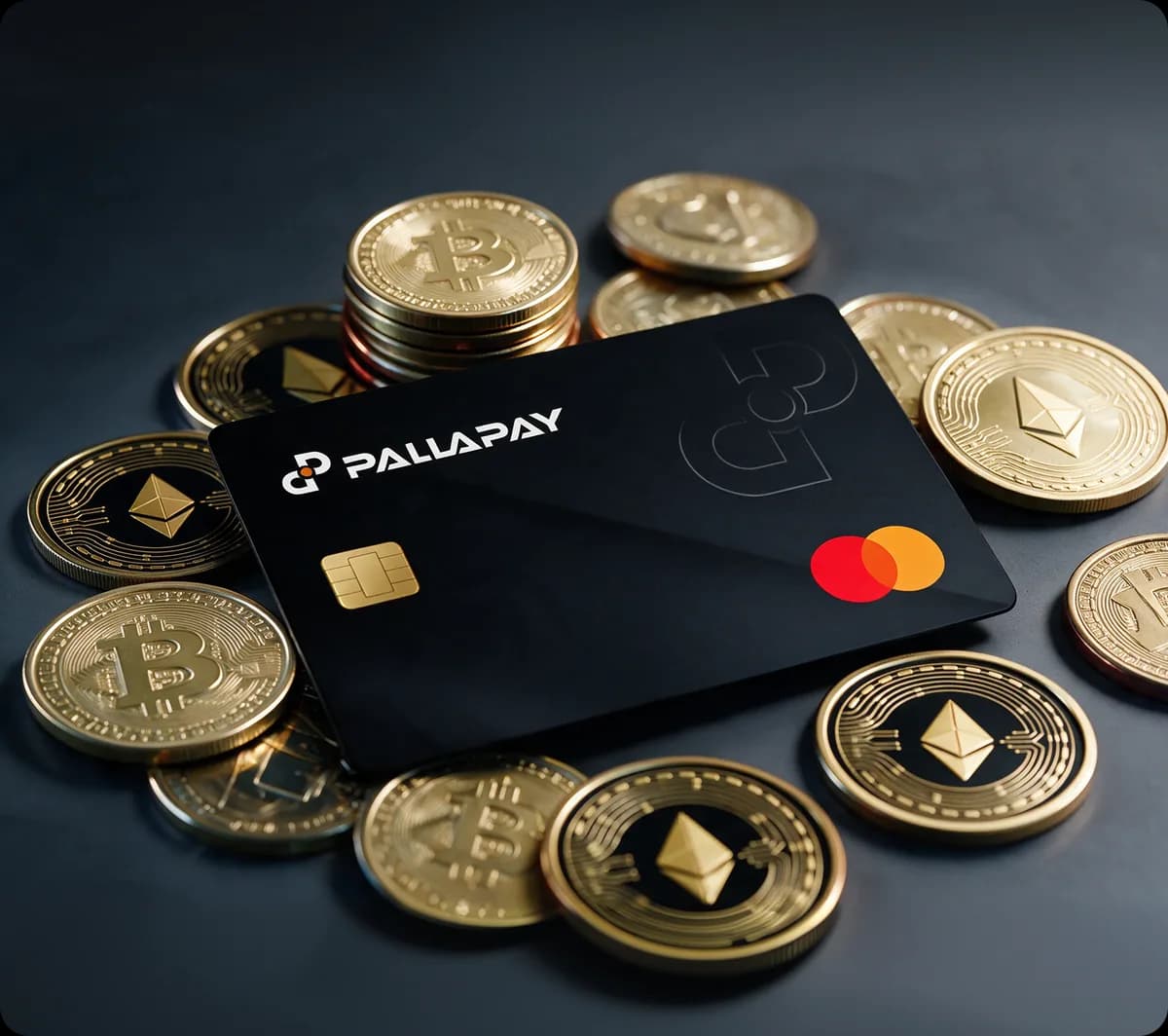 Altın Bitcoin ve Ethereum paralarının üzerinde duran Pallapay kripto kart