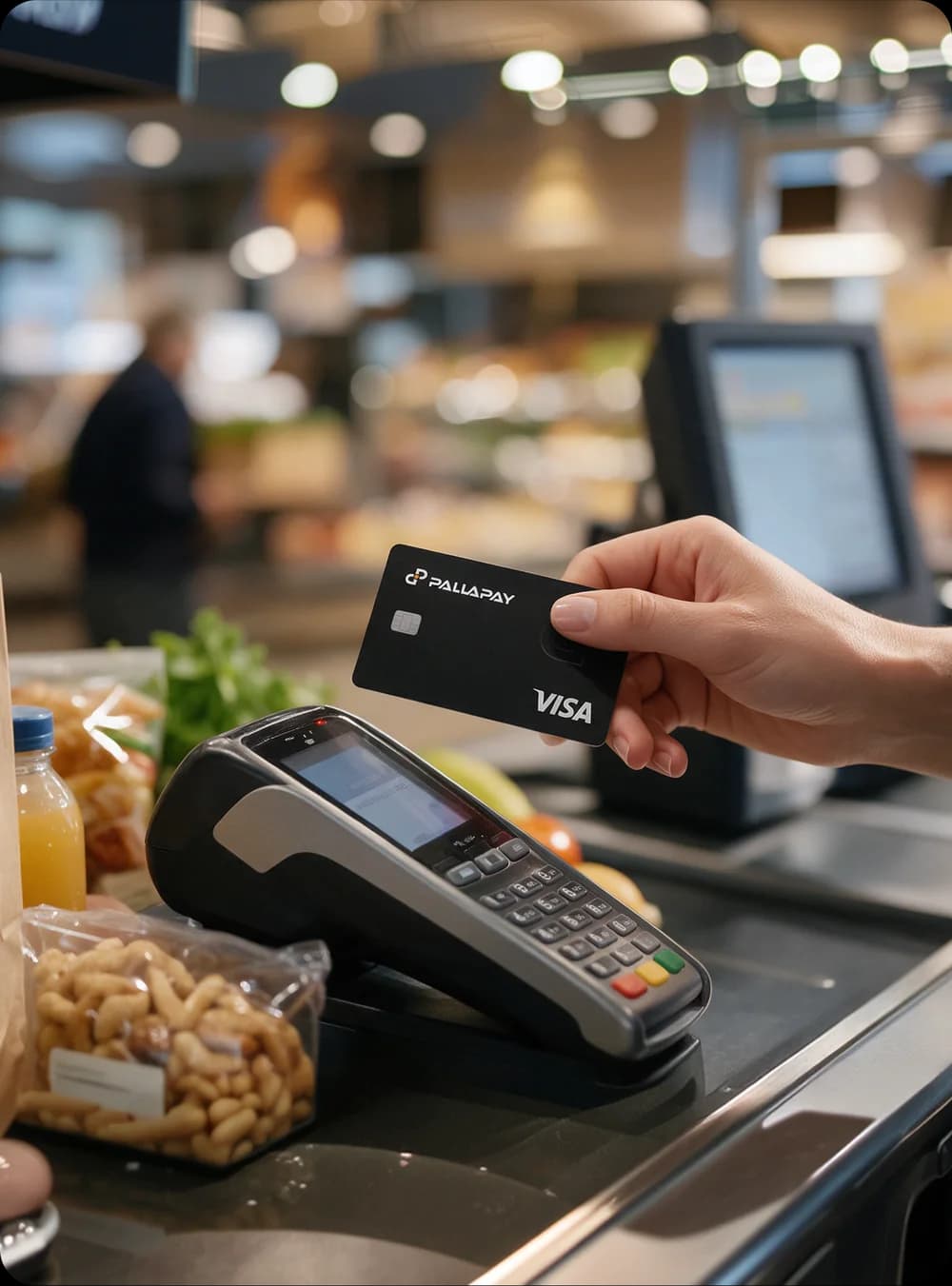 Market kasasında Pallapay Visa kripto kartı ödeme terminaline dokunduran el
