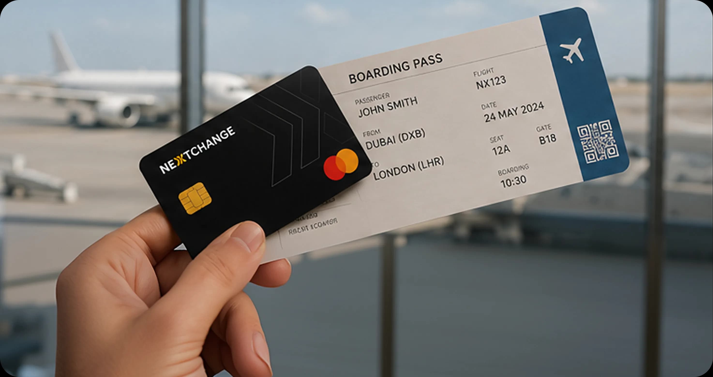 Hand holding a boarding pass and NextChange card at the airport