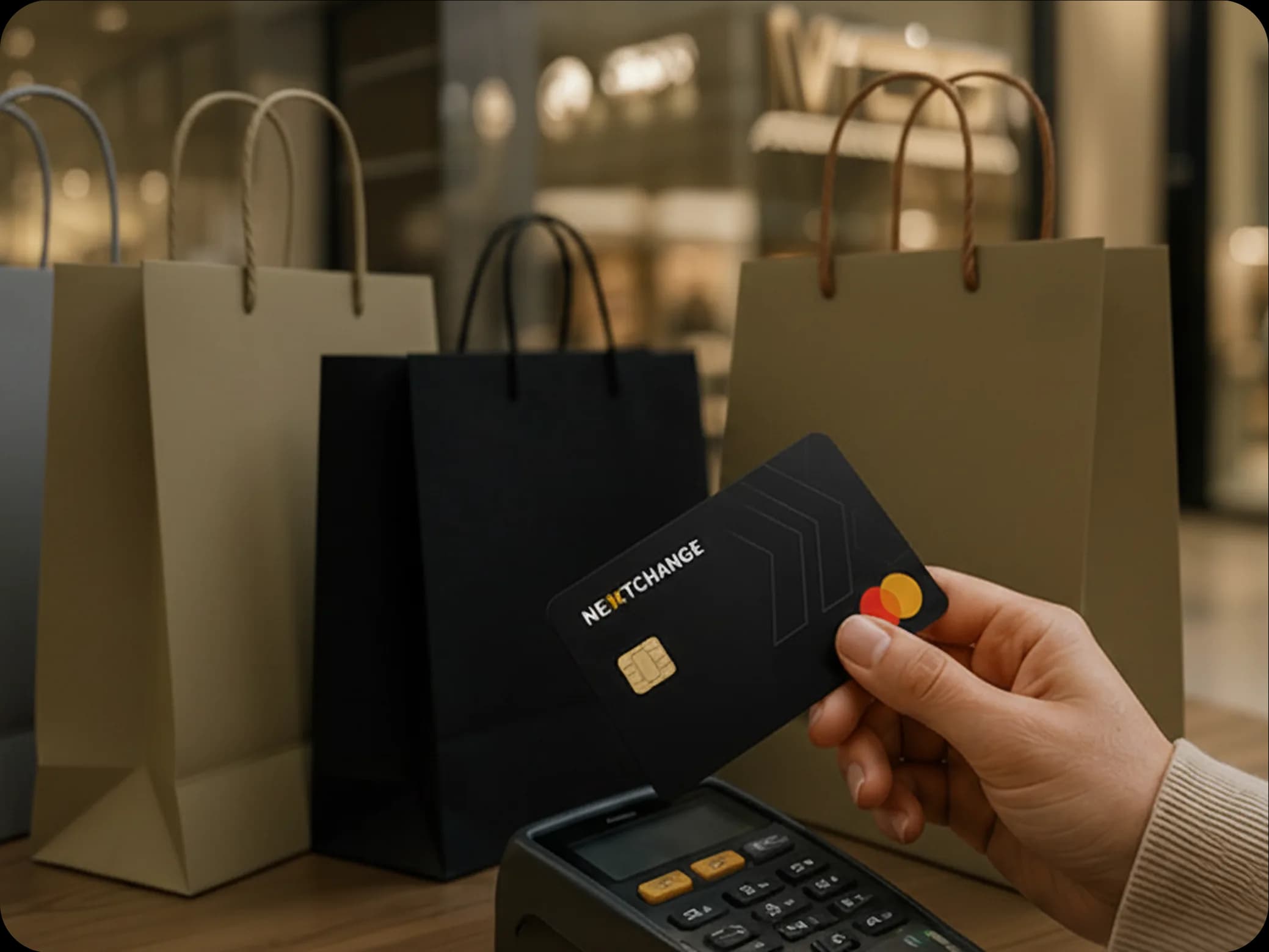 Hand holding a NextChange card while shopping with paper bags