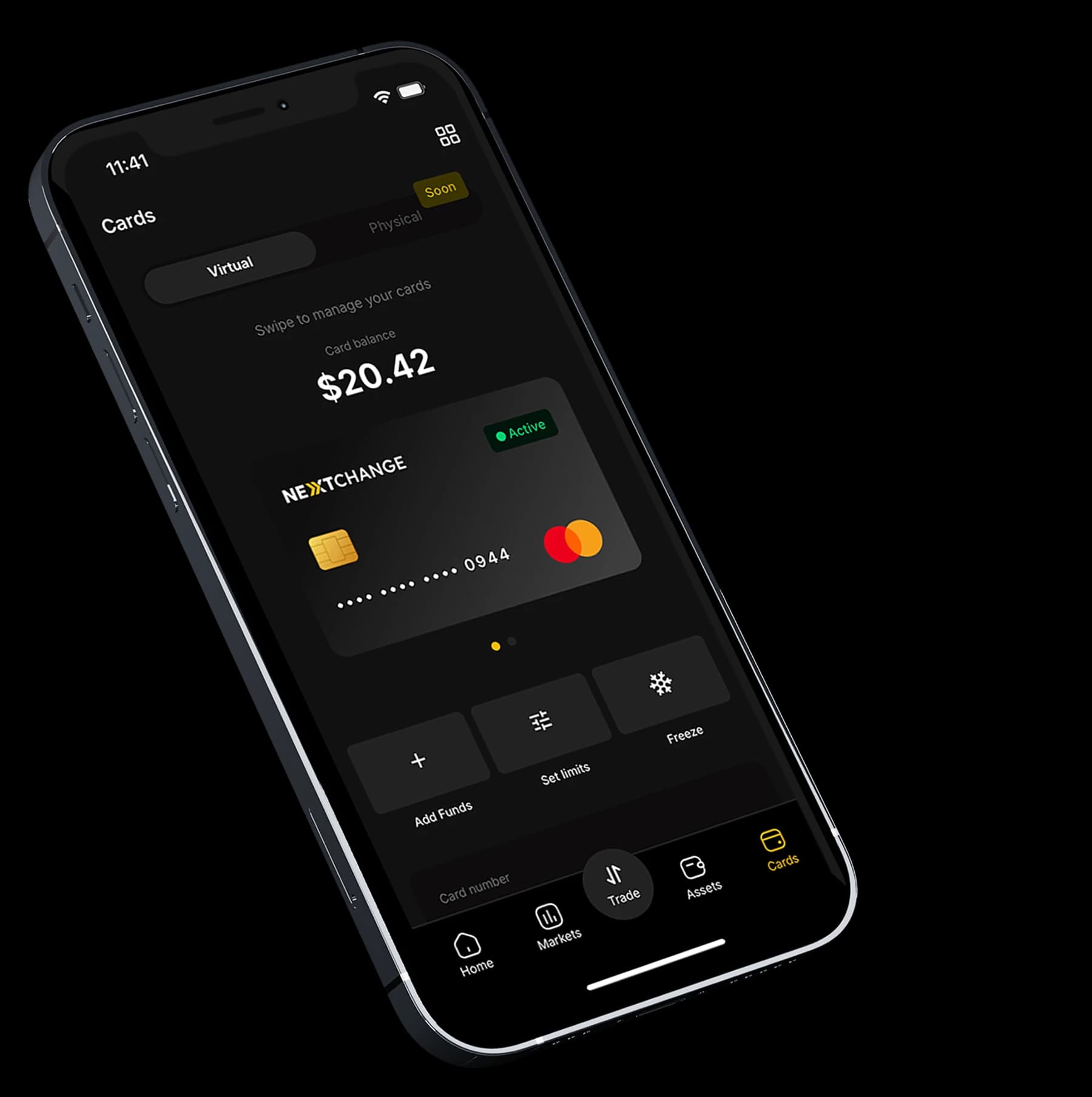 NextChange mobile app Cards screen alongside the Mastercard