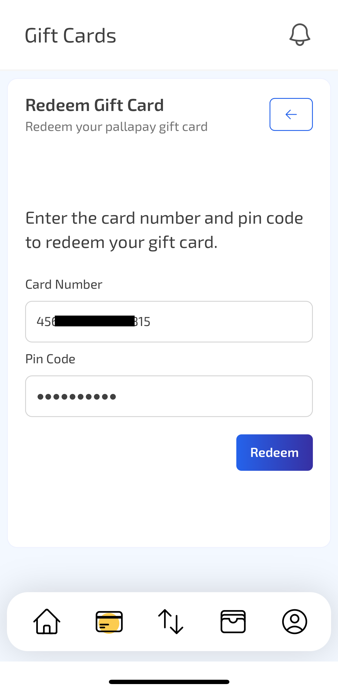 Redeem pallapay gift card in mobile application