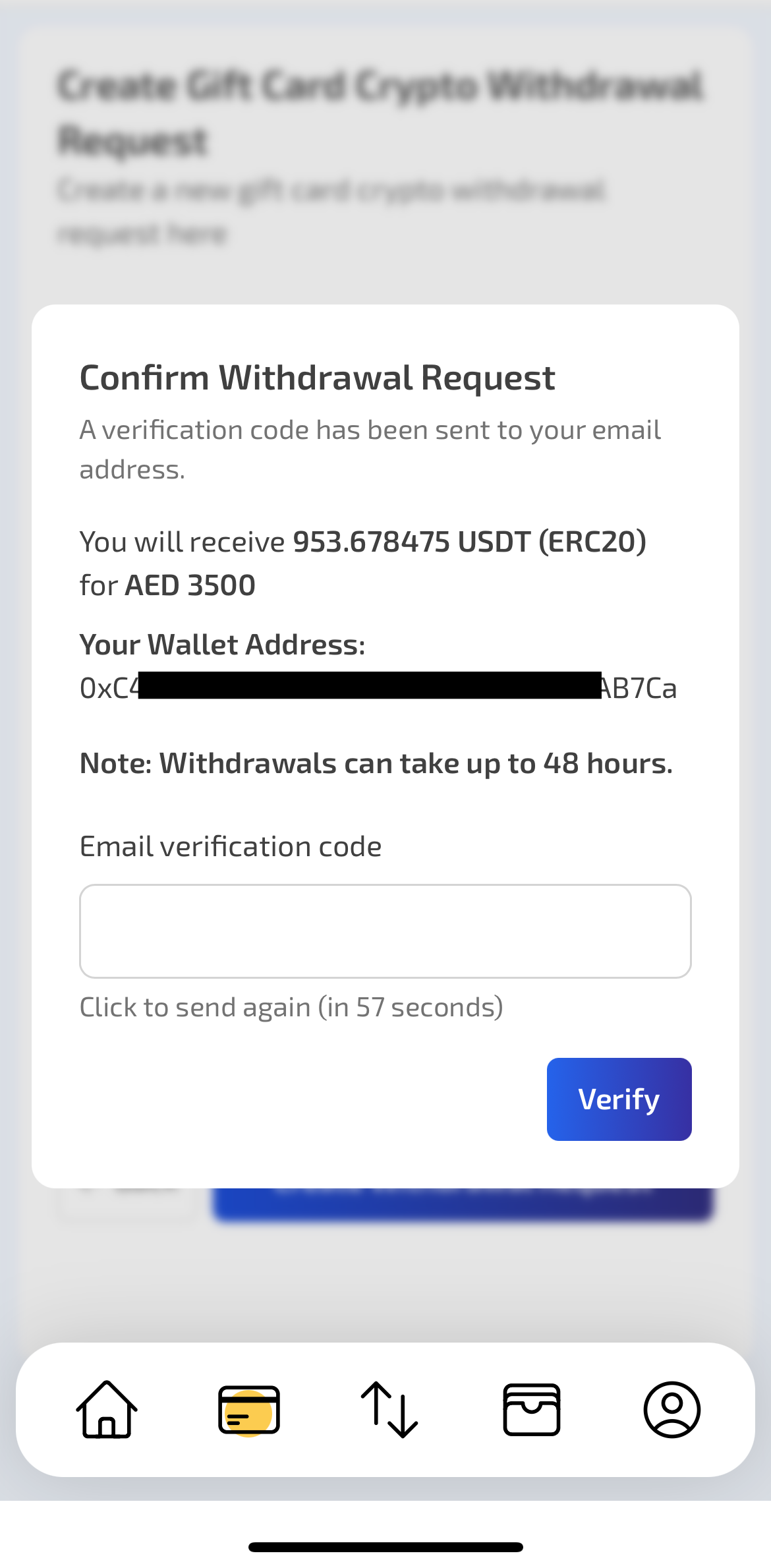 Final step of create pallapay crypto withdrawal in application